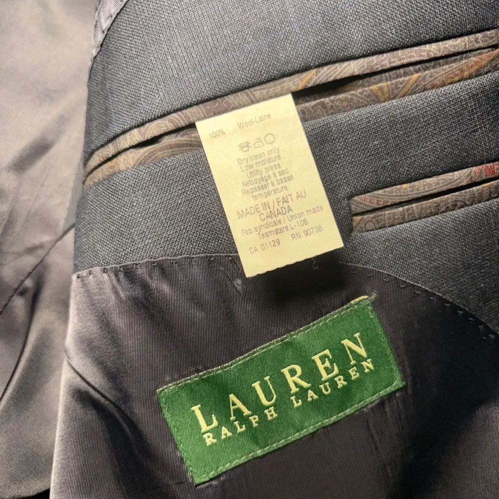Lauren Ralph Lauren Mens 44L 100% Wool Navy Blue Windowpane Blazer Union Made
